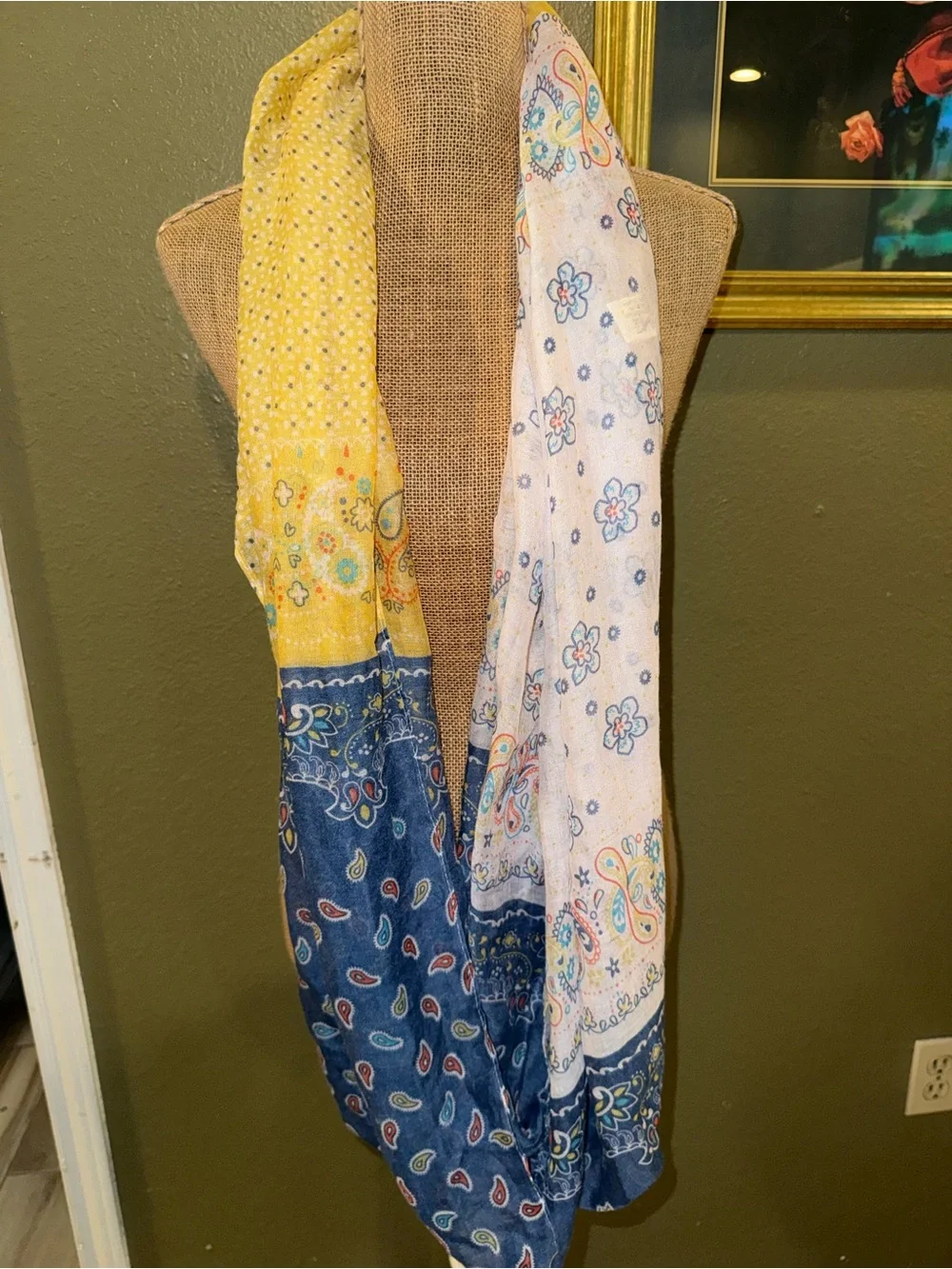 Boho Patchwork infinity Scarf in Yellow, White & Navy
